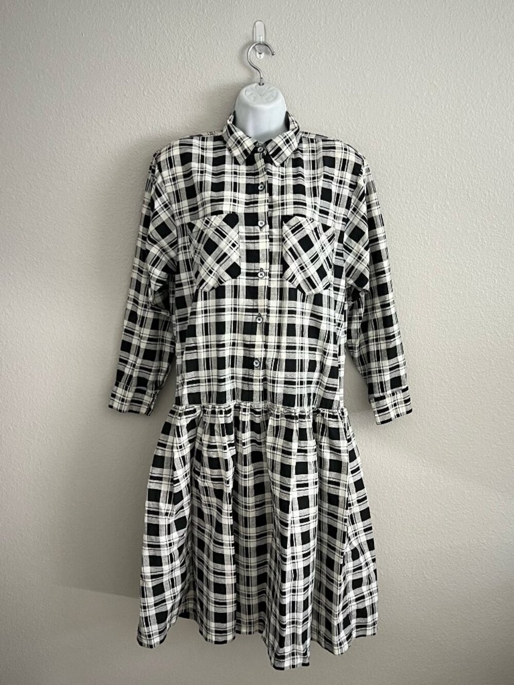 80s Cotton Plaid Long Sleeve Drop Waist Midi Dress Apostrophe Collared Size S